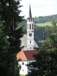 Monastery's spire visible from the forest