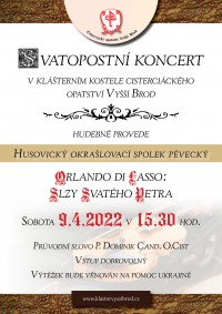 SVATOPOSTNÍ KONCERT v sobotu 9.4.2022 v 15.30: Orlando Di Lasso: Slzy svatého Petra