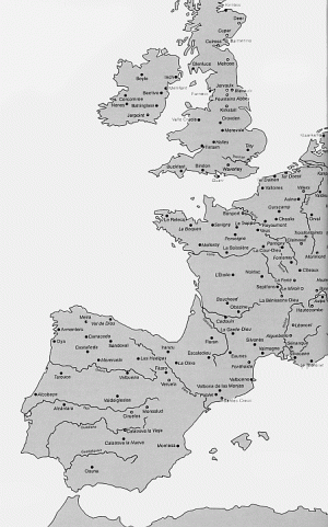 Mapa významných cist. klášterů na Západě